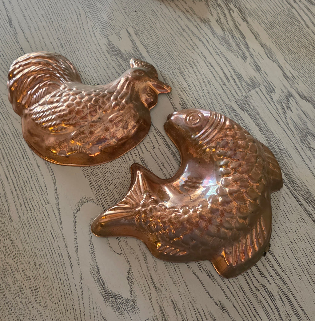 Vintage c1960’s Tagus Portugal Copper Rooster And Fish Jelly Molds